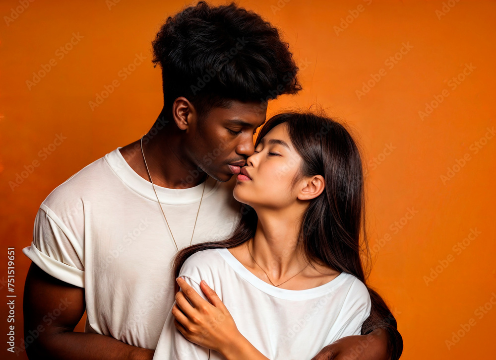 multiracial couple, Asian girl and black boy, posing happily with orange backgrounds multiracial couple, Asian girl and black boy, posing happily with orange backgrounds