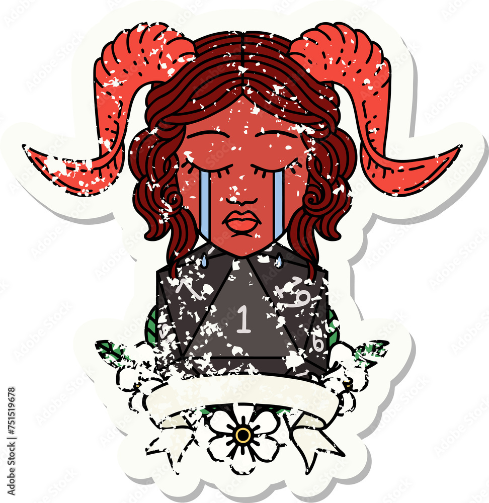 crying tiefling face with natural one d20 illustration crying tiefling face with natural one d20 illustration