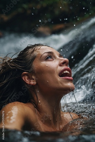 woman  tattooed hands  wet hair  in a waterfall  water  drops  splash.