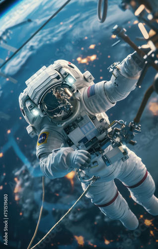 A man in a spacesuit is hanging from a cable in space