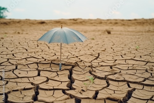 A single blue umbrella stands out on a vast cracked dry desert landscape. Solitary Umbrella on Cracked Dry Earth