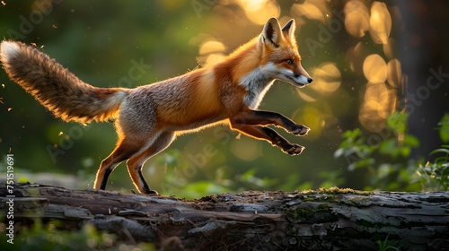 Energetic Fox Running on Logs in the Woods with Golden Light