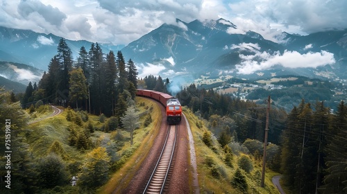 Modern Train Riding Through Majestic Mountainous Landscape