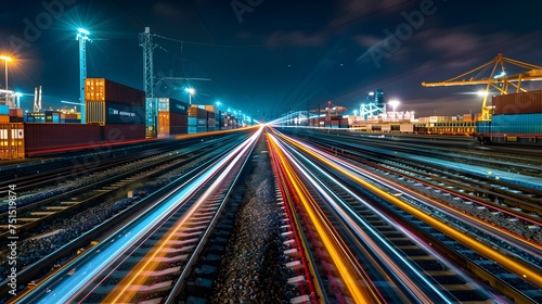 Nighttime Railway Tracks with Vibrant Light Trails