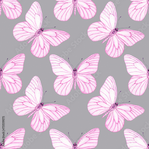 Watercolour Butterflies with pink wings illustration seamless pattern. Hand-painted elements insect. Hand drawn delicate insects. On silver background. For decoration  postcard  fabric  wrapping paper