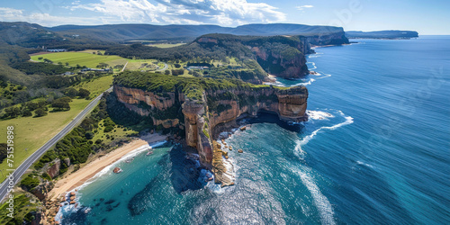 Spectacular aerial view of stunning coastline and cliffs on the Great Ocean Road in Australia photo