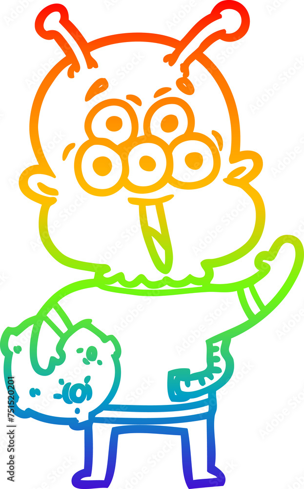 rainbow gradient line drawing happy cartoon alien with moon rock rainbow gradient line drawing happy cartoon alien with moon rock