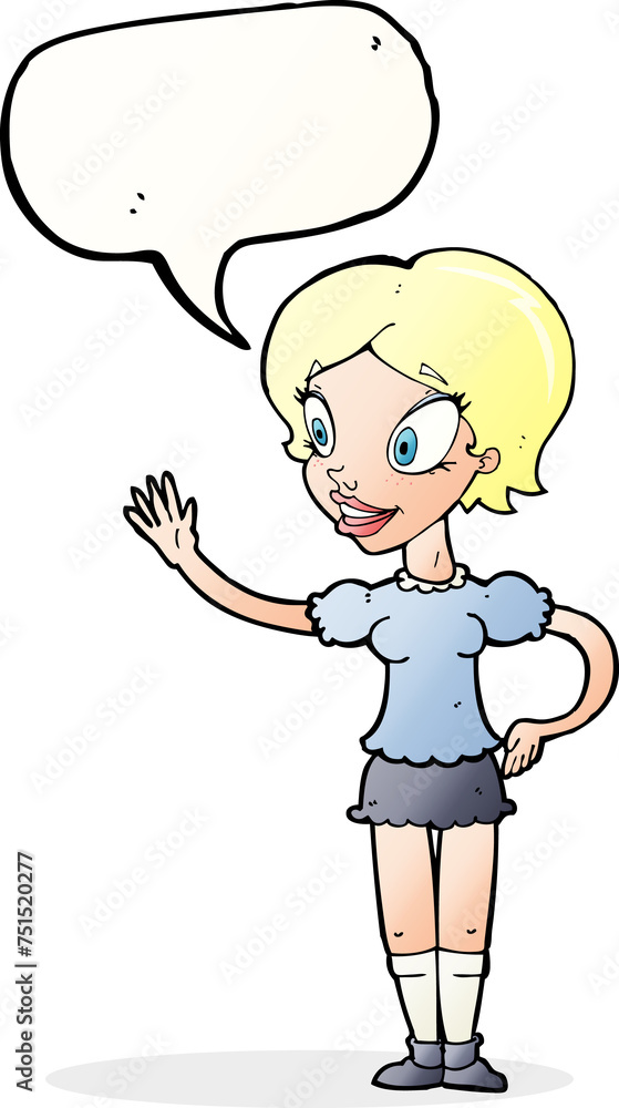 cartoon waving woman with speech bubble cartoon waving woman with speech bubble