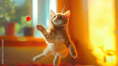 Cute Cat Jumping to Catch a Red Ball photo