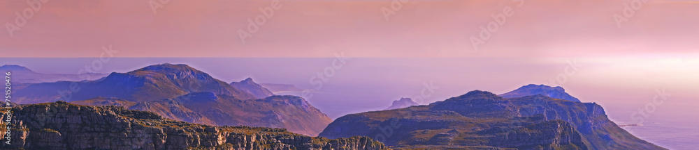 Fototapeta premium Mountain top, landscape and pink sky background for travel, hiking and eco friendly tourism with banner of Cape Town. Aerial view of sunset, nature and sea or ocean on horizon in South Africa mockup