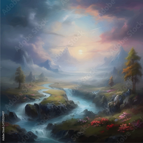 A captivating masterpiece, blending abstract elements with serene landscapes in a vector illustration background. Rich colors and intricate details evoke a sense of beauty and tranquility