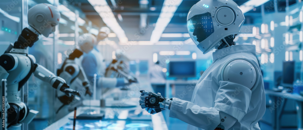 A robot is working in a factory with other robots A robot is working in a factory with other robots