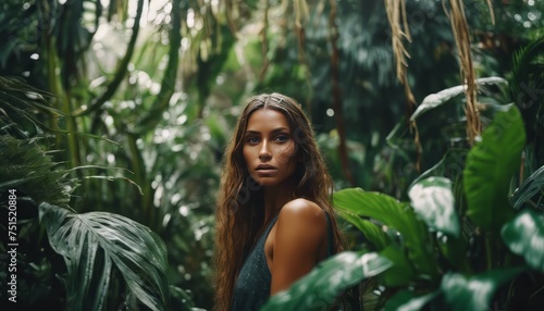  beautiful tanned girl with natural make-up and wet hair stands in the jungle among exotic plants.-up