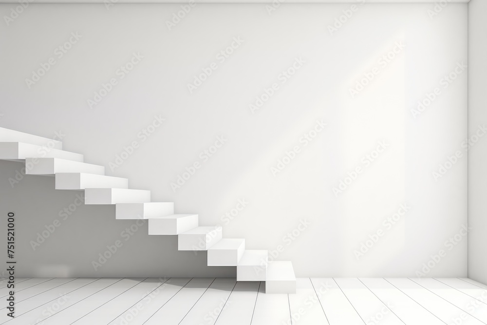 A sleek white staircase ascends against a plain wall in a bright minimalist interior design setting. Modern White Staircase in Minimalist Interior A sleek white staircase ascends against a plain wall in a bright minimalist interior design setting. Modern White Staircase in Minimalist Interior