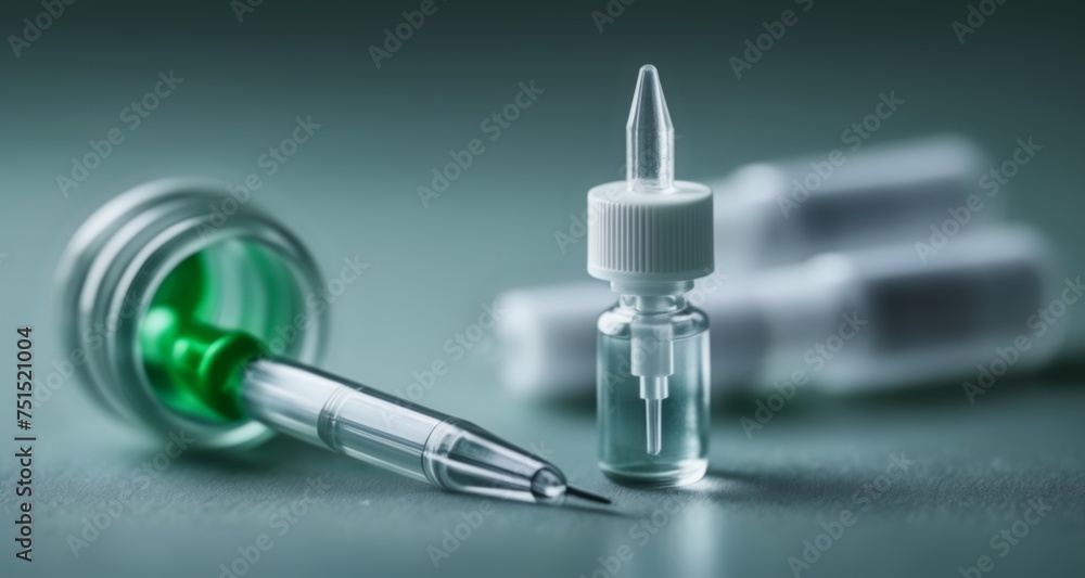 Clear syringe with needle on a green background Clear syringe with needle on a green background