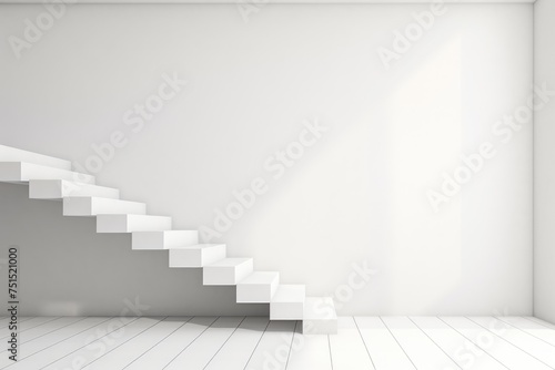 A sleek white staircase ascends against a plain wall in a bright minimalist interior design setting. Modern White Staircase in Minimalist Interior