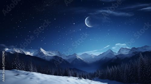 Navy blue Celestial Night with Stars, Galaxy, Detailed Moon, Clouds, Snowy Mountains, Coniferous Forest, and Cinematic Wide Shot