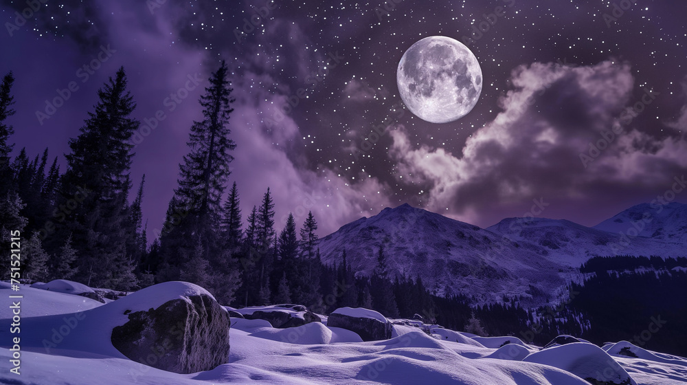 Purple violet Celestial Night with Stars, Galaxy, Detailed Moon, Clouds, Snowy Mountains, Coniferous Forest, and Cinematic Wide Shot