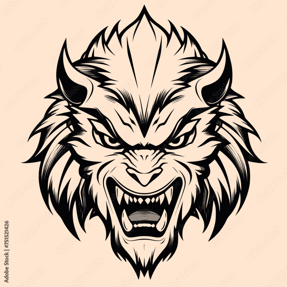 Black and White Sabertooth Outline Silhouette Ornament Vector Art for Logo and Icon, Sketch, Tattoo, Clip Art