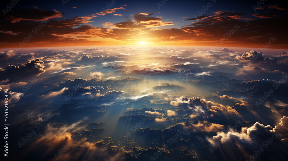 Sunrise Over Earth Glorious background wallpaper. Breathtaking sunrise from space, Earth's curvature, and cosmic beauty. The sun it is peeking over the horizon. The scene is peaceful and serene.