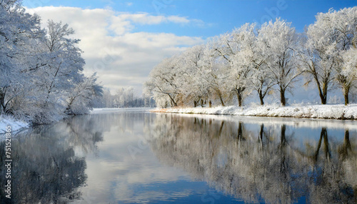 Snow-draped trees mirrored in water, evoking serenity and nostalgia