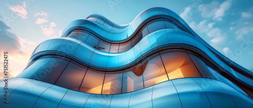 This is a view from low angle of futuristic architecture, a skyscraper of an office building with curved glass windows, and it is a 3D rendering.