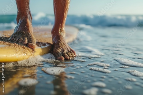 Close-up of a surfer's bare feet, dusted with sand, standing on the beach holding a surfboard, with the ocean waves visible in the background. 