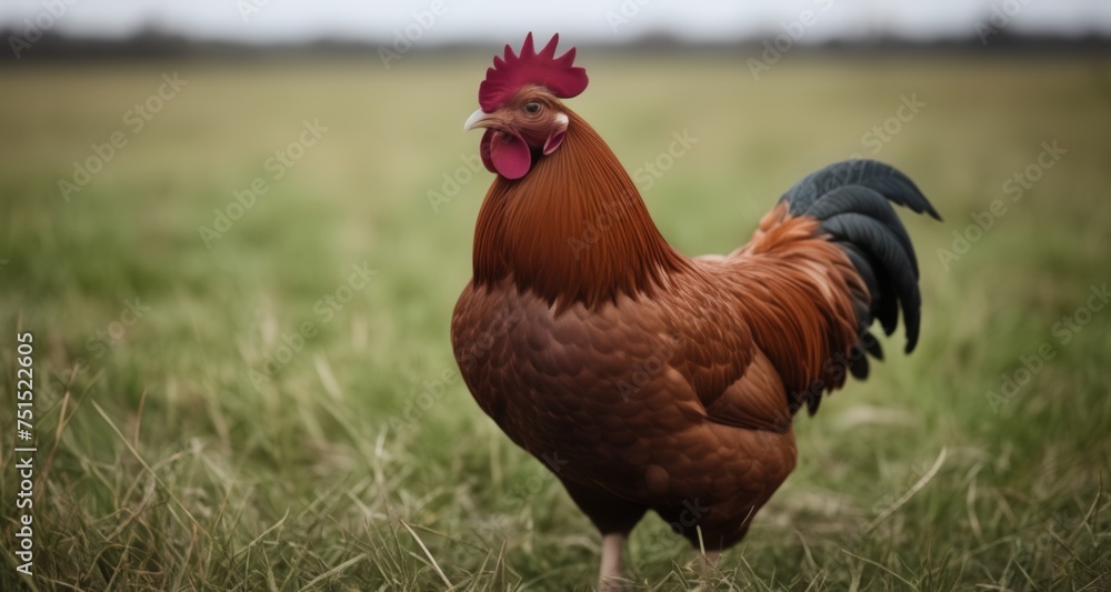 Fototapeta premium Vibrant rooster in a field, symbolizing dawn and vitality