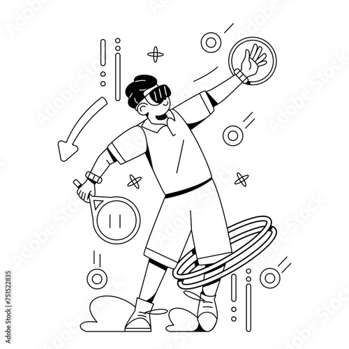 Vector Man Playing Tennis Virtual Reality Cartoon Illustration Isolated
