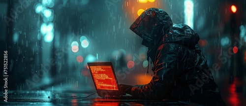 An attacker hacks a laptop and attacks a computer's security system. Phishing scam. Cyber criminals get access to personal information, bank accounts. Conceptual illustration of computer hacking. photo
