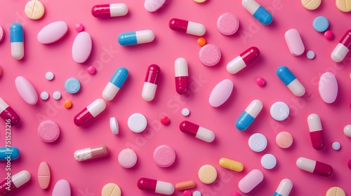 Pink background with a variety of medicines.