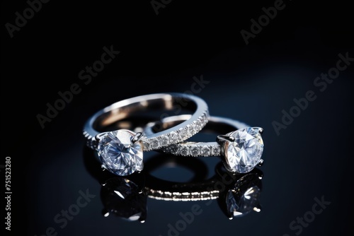Jewelry ring with diamonds on a black background close-up. Wedding content with Copy Space.