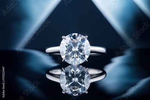 Jewelry diamond ring on a dark blue background with reflection. Wedding content with Copy Space.