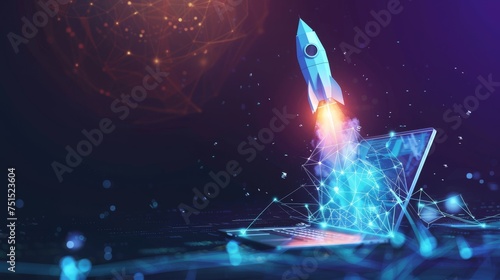 Isolated illustration of an abstract rocket launch from a laptop. Low poly style design on a blue geometric background. Wireframe light connections. Modern 3D graphic concept. Isolated