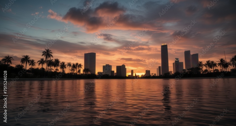  Cityscape at sunset, tranquil waters reflecting the skyline