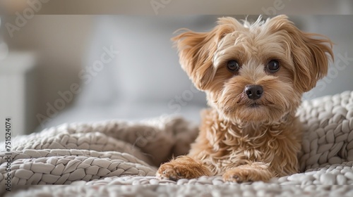 A cute maltipoo dog resting on comfortable sofa at home.