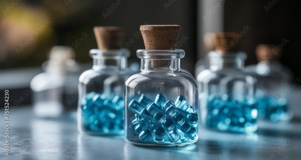 Elegant glass bottles with blue contents, perfect for a sophisticated setting Elegant glass bottles with blue contents, perfect for a sophisticated setting