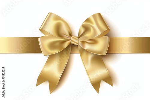  golden bow with horizontal ribbon isolated on a white background. Holiday decoration, decorative ribbon bow, gift bow, mothers day, birthday, anniversary, Christmas, new year, bow for gift box