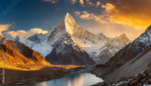 Mesmerizing sunset illuminating snowy Masherbrum peak in Karakoram mountains