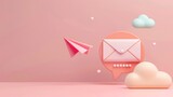 Template to sign up for a newsletter with a cartoon paper airplane. Email business marketing concept. Registration form. Web button mockup. 3D rendering.