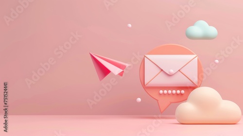 Template to sign up for a newsletter with a cartoon paper airplane. Email business marketing concept. Registration form. Web button mockup. 3D rendering. photo