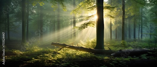 Beautiful forest, forest in evening light with fog in summer, the sun shines brightly through the tree, Natural Sunlight, And Sun Rays Through Wood 