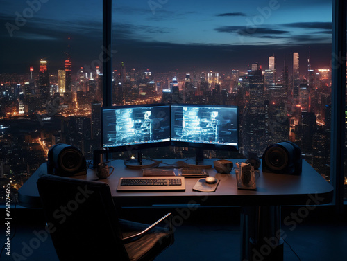 Director's workplace, desk with a computer, in a skyscraper overlooking the metropolis 