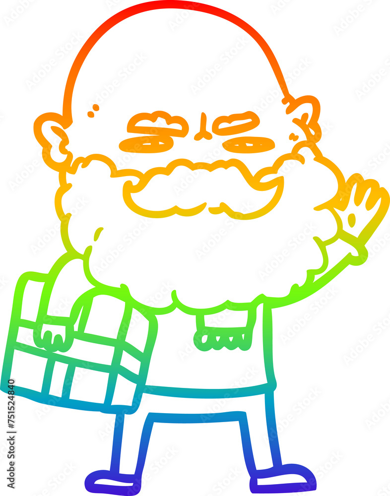 rainbow gradient line drawing cartoon man with beard frowning with xmas gift rainbow gradient line drawing cartoon man with beard frowning with xmas gift
