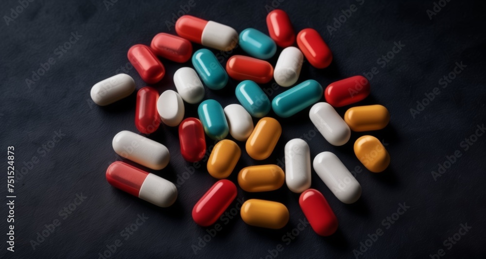A colorful array of pills on a dark background A colorful array of pills on a dark background