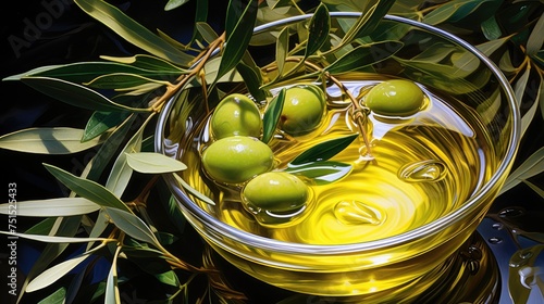 Olive oil, green olives, vegetable oil for cooking and cosmetics, vitamin E. Healthy olive oil in a glass bowl on the table, green olives lie nearby in warm sunny lighting.