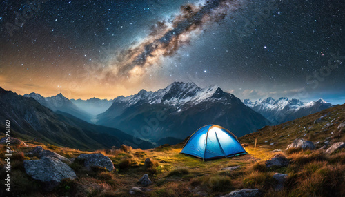 Camping beneath starlit skies, distant blue tent amidst dark mountain landscape