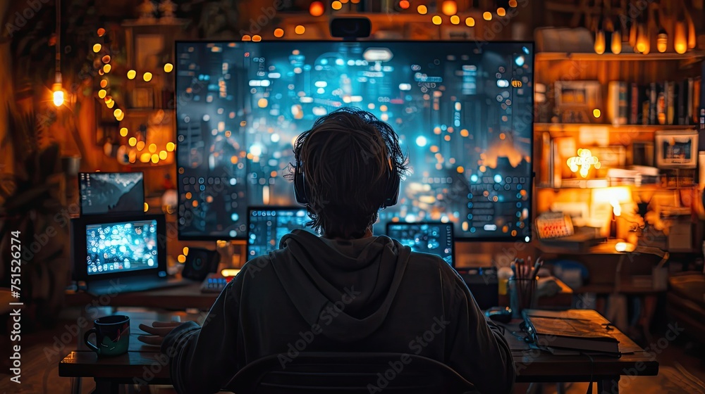 anonymous person watching several computer monitors