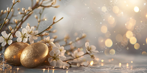 gold easter beautiful wedding background with flowers merry easter with golden eggs and gold color other decoration with branch of flowers
