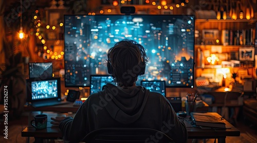 anonymous person watching several computer monitors